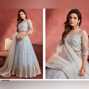 Dusty Blue Embroidered Net Lehenga - Lashkaara Size Large